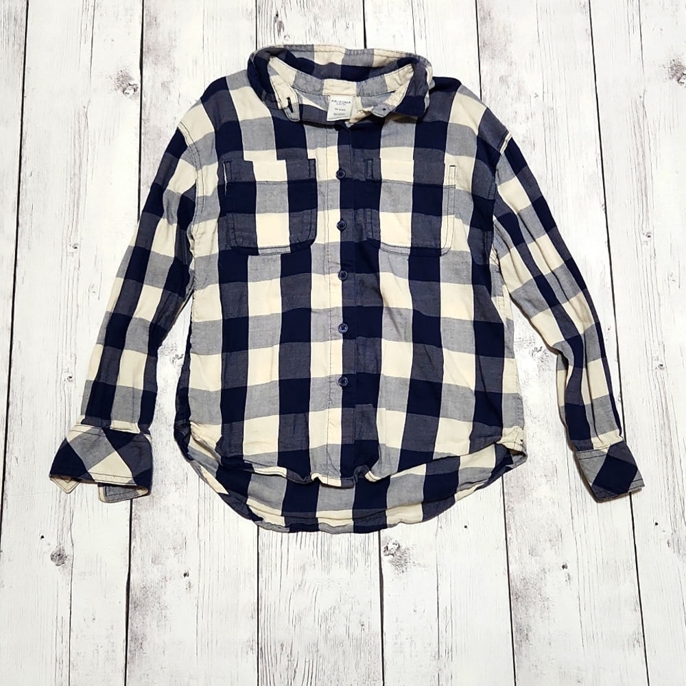 Arizona Jeans Girls 6/6X Button down Navy Blue and cream top